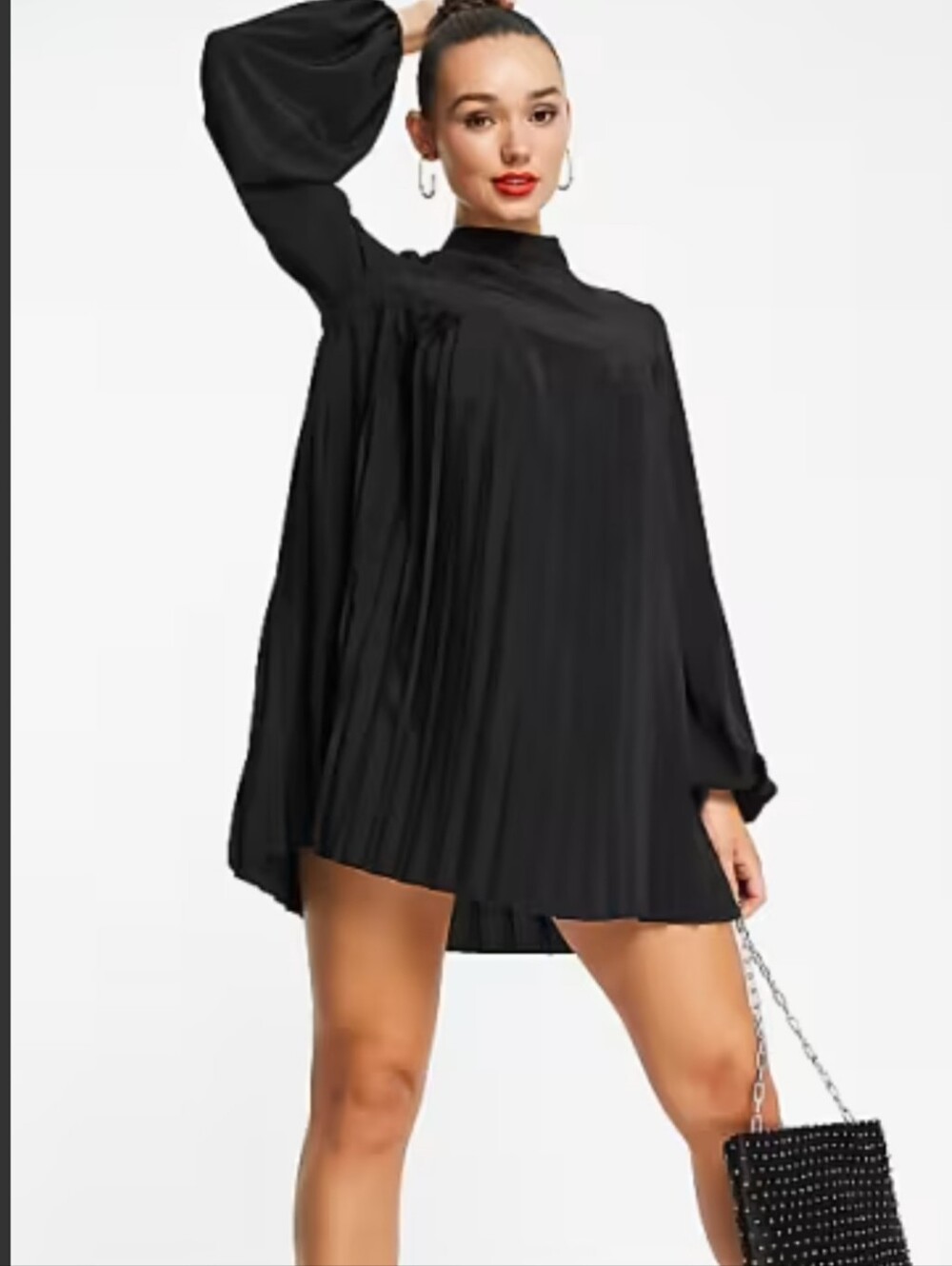 ASOS DESIGN Black Pleated Open Long Sleeve Mock Neck Mini Dress